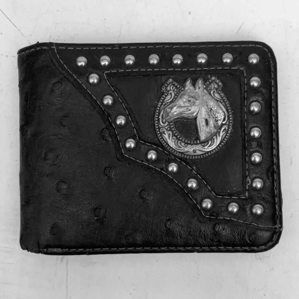 Mens Western Black Ostrich Print Bifold Wallet Studded Horse Head Concho